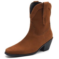 Pointed Toe Ankle Highs Classical Western Cowboy Style Chunky Heels Pull On Boots - Brown Flock