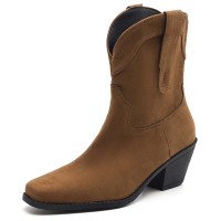 Pointed Toe Ankle Highs Classical Western Cowboy Style Chunky Heels Pull On Boots - Khaki Flock