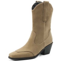 Pointed Toe Ankle Highs Classical Western Cowboy Style Chunky Heels Pull On Boots - Apricot Flock