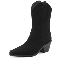 Pointed Toe Ankle Highs Classical Western Cowboy Style Chunky Heels Pull On Boots - Black Flock