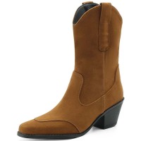 Pointed Toe Ankle Highs Classical Western Cowboy Style Chunky Heels Pull On Boots - Brown Flock