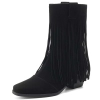 Pointed Toe Tassels Ankle Highs Western Cowboy Style Chunky Boots Booties - Black Flock