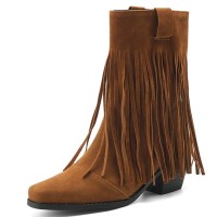 Pointed Toe Tassels Ankle Highs Western Cowboy Style Chunky Boots Booties - Brown Flock