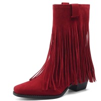 Pointed Toe Tassels Ankle Highs Western Cowboy Style Chunky Boots Booties - Red Flock