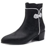 Pointed Toe Faux Pearls with Fleeces Decorated Flower Pattern Boots - Black Microfiber