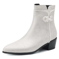 Pointed Toe Faux Pearls with Fleeces Decorated Flower Pattern Boots - White Microfiber
