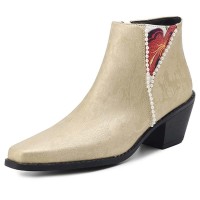 Pointed Toe Faux Pearls Decorated Flower Pattern Boots - Gold Microfiber