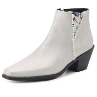 Pointed Toe Faux Pearls Decorated Flower Pattern Boots - White Microfiber