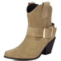 Pointed Toe Buckle Straps Ankle Highs Western Cowboy Style Chunky Boots - Beige Flock