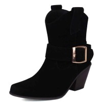 Pointed Toe Buckle Straps Ankle Highs Western Cowboy Style Chunky Boots - Black Flock