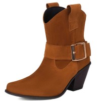Pointed Toe Buckle Straps Ankle Highs Western Cowboy Style Chunky Boots - Brown Flock
