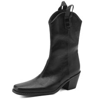 Pointed Toe Ankle Highs Buckle Straps Riding Style Chunky Heels Boots - Black Faux Leather