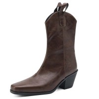 Pointed Toe Ankle Highs Buckle Straps Riding Style Chunky Heels Boots - Brown Faux Leather