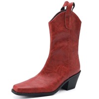 Pointed Toe Ankle Highs Buckle Straps Riding Style Chunky Heels Boots - Red Faux Leather