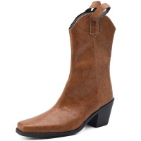 Pointed Toe Ankle Highs Buckle Straps Riding Style Chunky Heels Boots - Yellow Brown Faux Leather