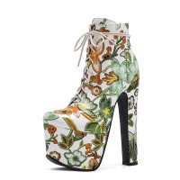 Round Toe Block Heels Printed Platforms Lace Up Flowers Ankle Highs Platform Boots - Green Faux Leather