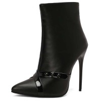 Pointed Toe Stiletto Heels Side Zipper Ankle Highs Booties - Black Faux Leather