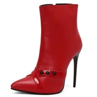 Pointed Toe Stiletto Heels Side Zipper Ankle Highs Booties - Red Faux Leather