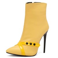 Pointed Toe Stiletto Heels Side Zipper Ankle Highs Booties - Yellow Faux Leather