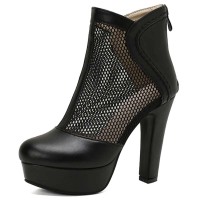 Round Toe Cuban Heels Sexy Back Zipper Low Platforms Summer Boots - Black Faux Leather