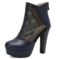 Round Toe Cuban Heels Sexy Back Zipper Low Platforms Summer Boots - Blue Faux Leather