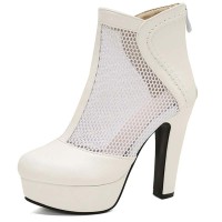 Round Toe Cuban Heels Sexy Back Zipper Low Platforms Summer Boots - White Faux Leather