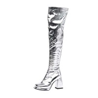 Square Toe Chunky Heels Side Zipper Over The Knees Thigh Highs Glossy Boots - Silver Patent
