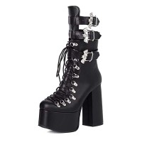 Round Toe Platforms Gothic Straps Platforms Lace Up Chunky Heels Ankle Highs Motorcycle Boots - Black Faux Leather