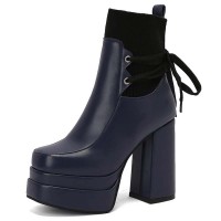 Square Toe Chunky Heels Decorated Socks with Double Platforms Boots - Blue Faux Leather