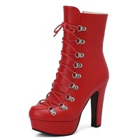 Round Toe Cuban Heels Side Zipper Ankle Highs Lace Up Low Platforms Boots - Red Faux Leather