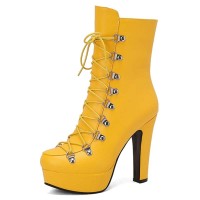 Round Toe Cuban Heels Side Zipper Ankle Highs Lace Up Low Platforms Boots - Yellow Faux Leather