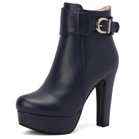 Round Toe Cuban Heels Side Zipper Ankle Highs Decorated Straps Low Platforms Boots - Blue Faux Leather
