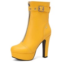Round Toe Cuban Heels Front Zipper Ankle Highs Decorated Straps Low Platforms Boots - Yellow Faux Leather
