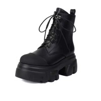Round Toe Lace Up Platforms Chunky Heels Ankle High Side Zipper Boots  - Black Faux Leather