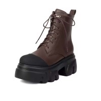 Round Toe Lace Up Platforms Chunky Heels Ankle High Side Zipper Boots  - Brown Faux Leather