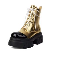 Round Toe Lace Up Platforms Chunky Heels Ankle High Side Zipper Metallic Boots  - Gold Faux Leather