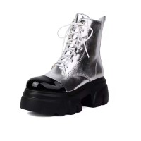 Round Toe Lace Up Platforms Chunky Heels Ankle High Side Zipper Metallic Boots  - Silver Faux Leather