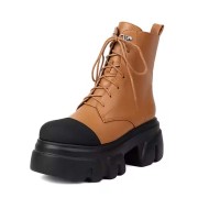 Round Toe Lace Up Platforms Chunky Heels Ankle High Side Zipper Boots  - Yellow Faux Leather