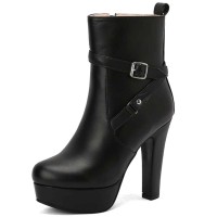 Round Toe Cuban Heels Side Zipper Ankle Highs Decorated Straps Low Platforms Boots - Black Faux Leather