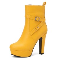 Round Toe Cuban Heels Side Zipper Ankle Highs Decorated Straps Low Platforms Boots - Yellow Faux Leather