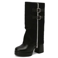 Round Toe Chunky Heels Knee Highs Denim Trends Platforms Boots - Black Faux Leather