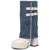 Round Toe Chunky Heels Knee Highs Denim Trends Platforms Boots - Blue Faux Leather