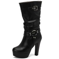 Round Toe Cuban Heels Motorcycle Biker Style Knee Highs Low Platforms Boots - Black Faux Leather