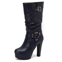 Round Toe Cuban Heels Motorcycle Biker Style Knee Highs Low Platforms Boots - Blue Faux Leather