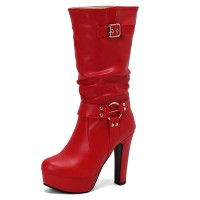 Round Toe Cuban Heels Motorcycle Biker Style Knee Highs Low Platforms Boots - Red Faux Leather