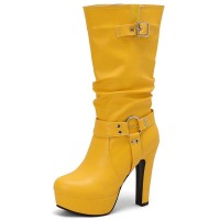Round Toe Cuban Heels Motorcycle Biker Style Knee Highs Low Platforms Boots - Yellow Faux Leather