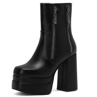 Square Toe Chunky Heels Side Zipper Ankle Highs Double Platforms Boots - Black Faux Leather