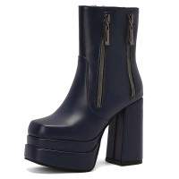 Square Toe Chunky Heels Side Zipper Ankle Highs Double Platforms Boots - Blue Faux Leather