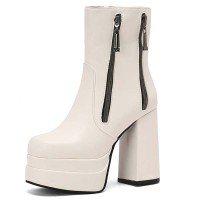 Square Toe Chunky Heels Side Zipper Ankle Highs Double Platforms Boots - White Faux Leather