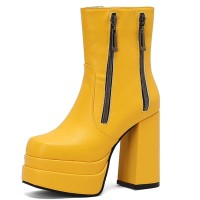 Square Toe Chunky Heels Side Zipper Ankle Highs Double Platforms Boots - Yellow Faux Leather